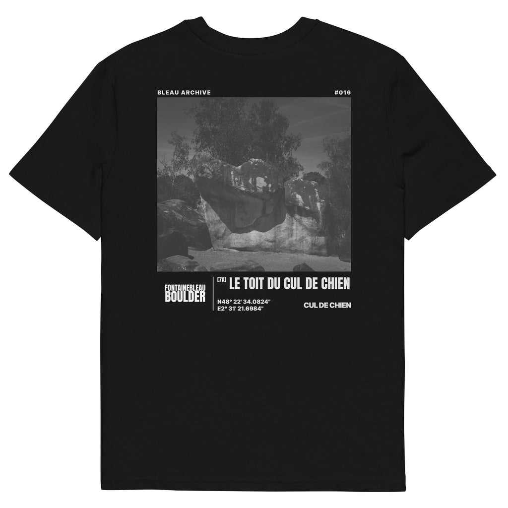 Bleau Archive 16 Le toit du cul du chien 7A tee featuring the iconic Fontainebleau boulder climb
