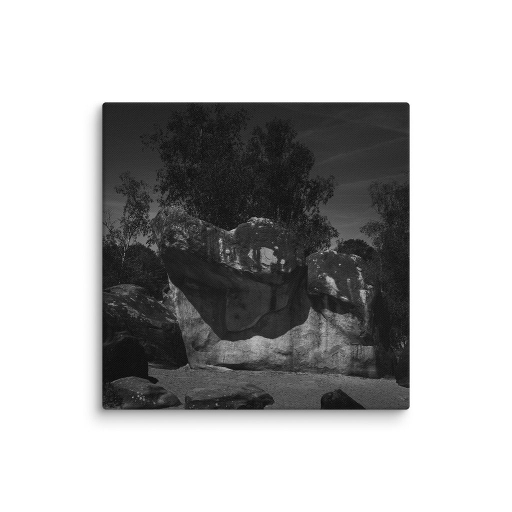 Bleau Archive 16 Le toit du cul du chien 7A canvas featuring the iconic Fontainebleau boulder climb
