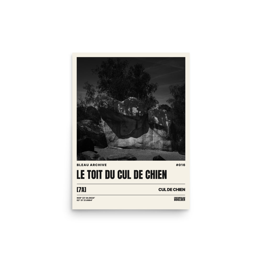 Bleau Archive 16 Le toit du cul du chien 7A poster featuring the iconic Fontainebleau boulder climb