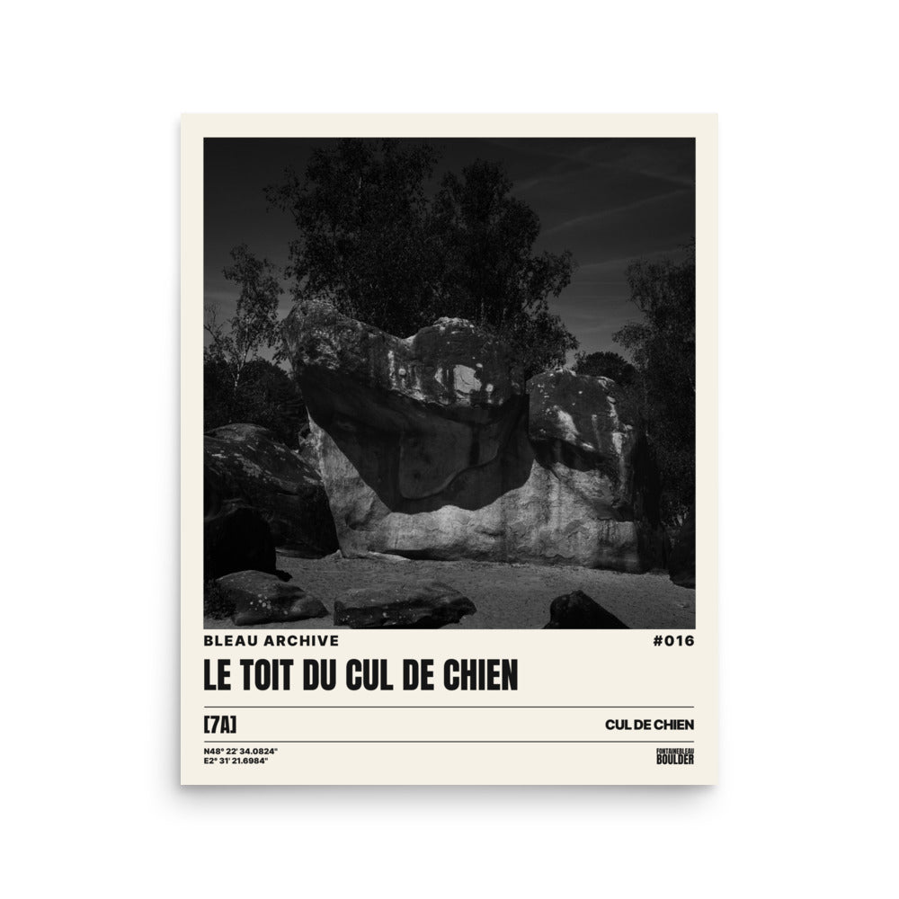 Bleau Archive 16 Le toit du cul du chien 7A poster featuring the iconic Fontainebleau boulder climb