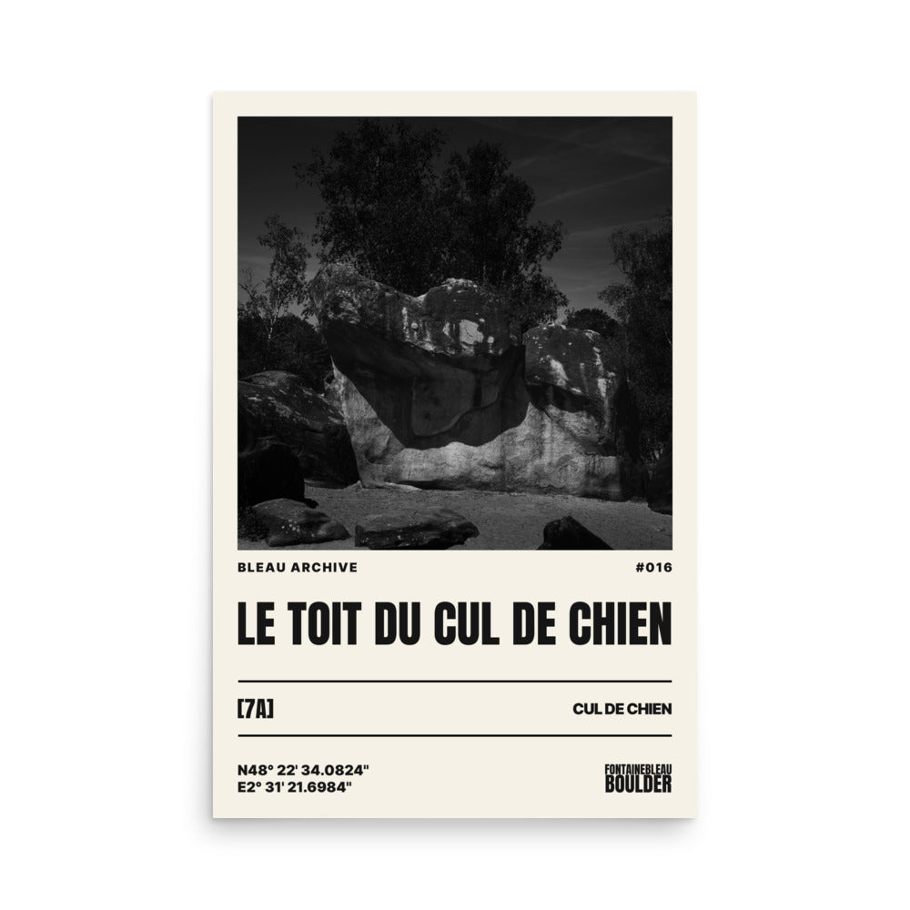 Bleau Archive 16 Le toit du cul du chien 7A poster featuring the iconic Fontainebleau boulder climb