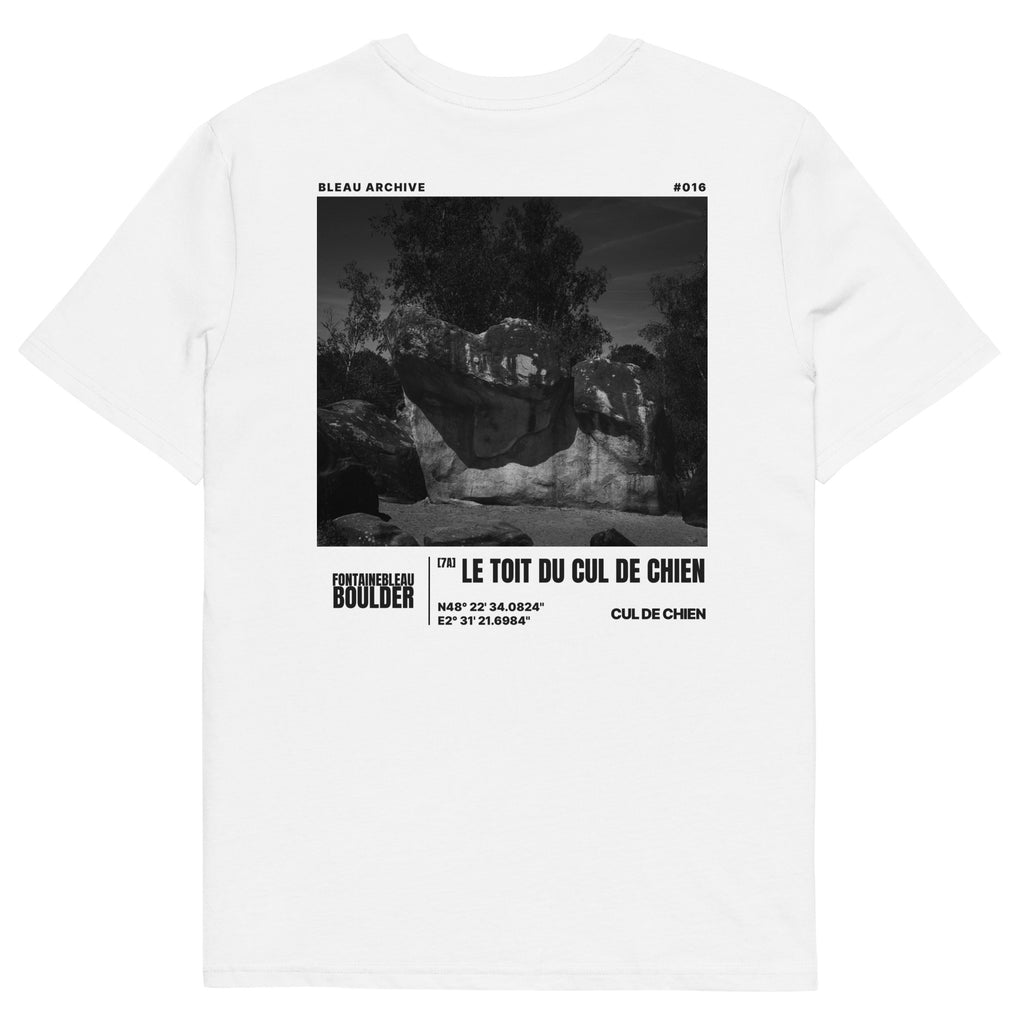 Bleau Archive 16 Le toit du cul du chien 7A tee featuring the iconic Fontainebleau boulder climb