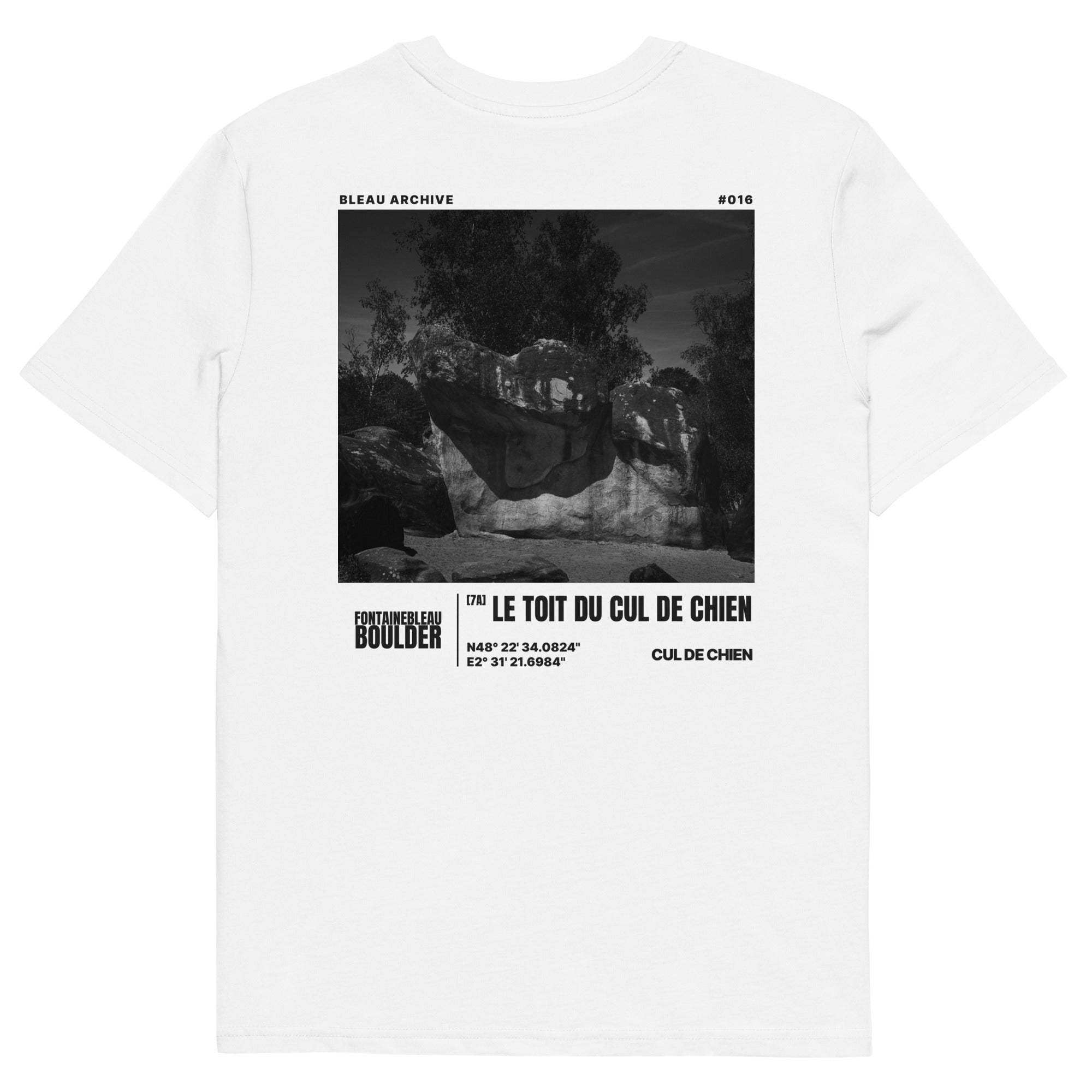 Bleau Archive 16 Le toit du cul du chien 7A tee featuring the iconic Fontainebleau boulder climb