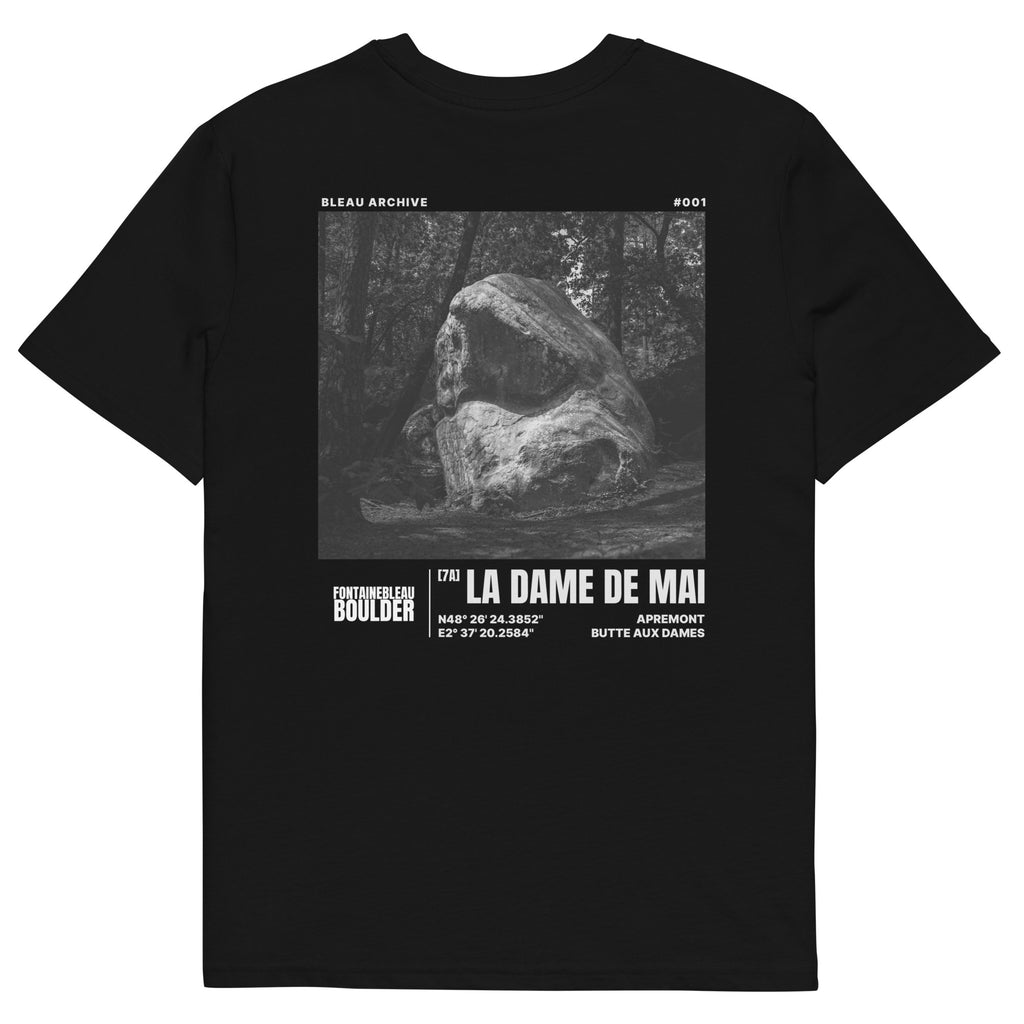 Bleau Archive 1 Dame de Mai 7A tee featuring the iconic Fontainebleau boulder climb