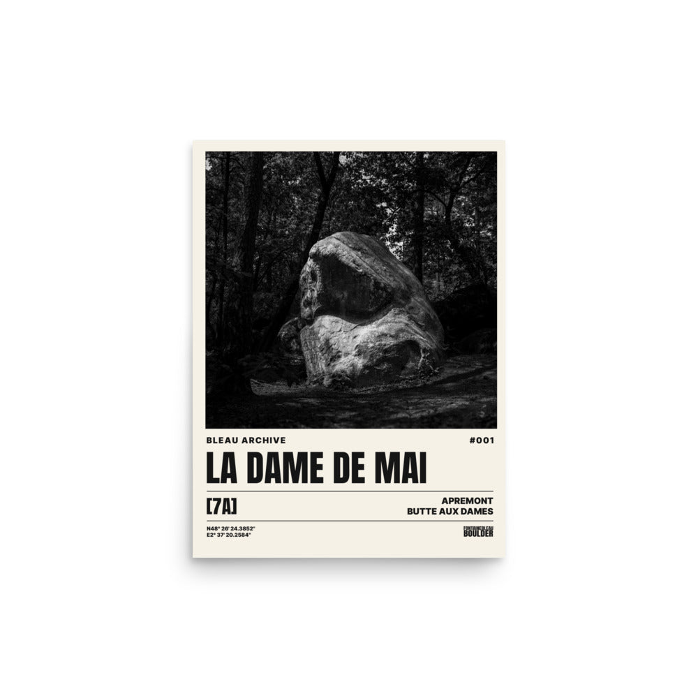 Bleau Archive 1 Dame de Mai 7A poster featuring the iconic Fontainebleau boulder climb