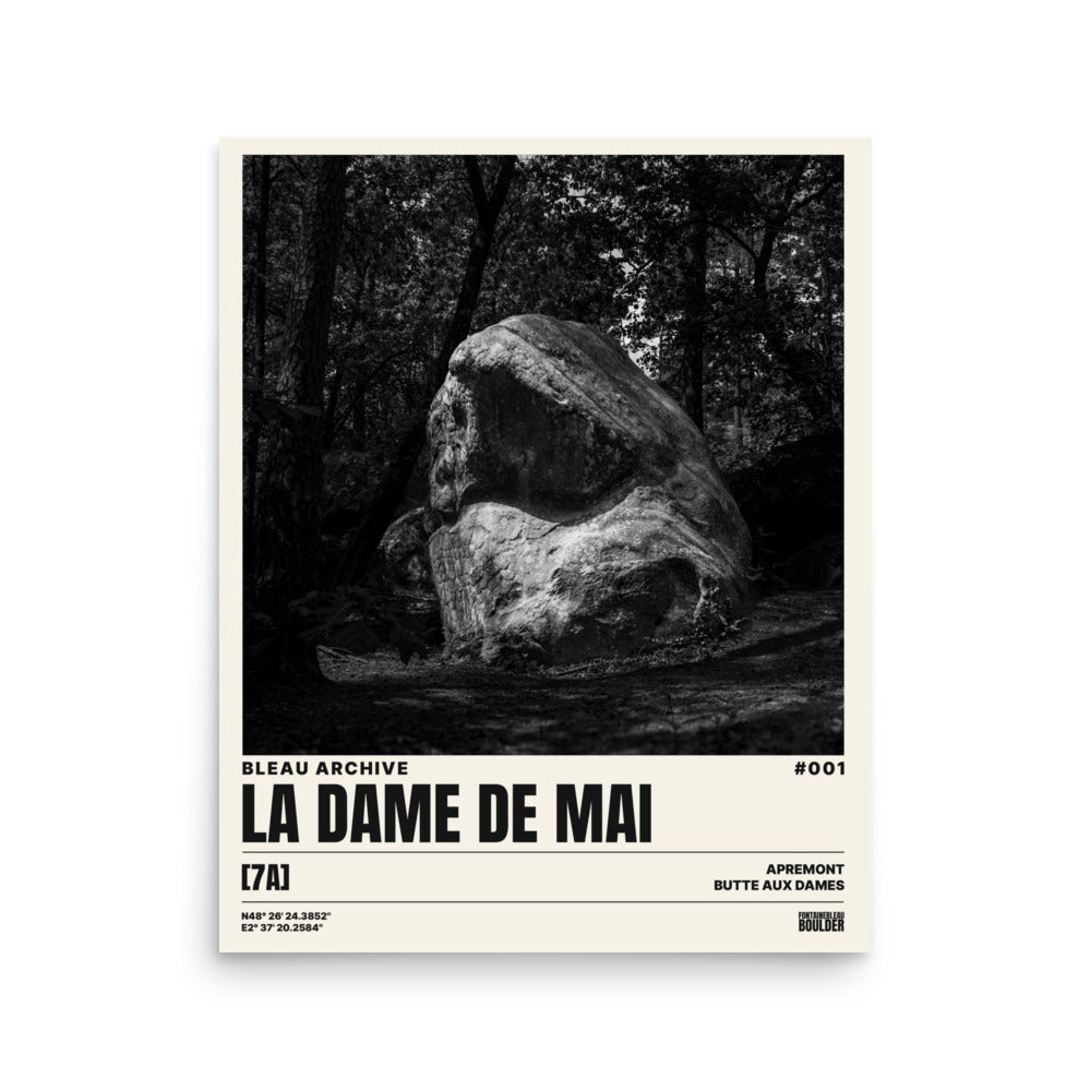 Bleau Archive 1 Dame de Mai 7A poster featuring the iconic Fontainebleau boulder climb