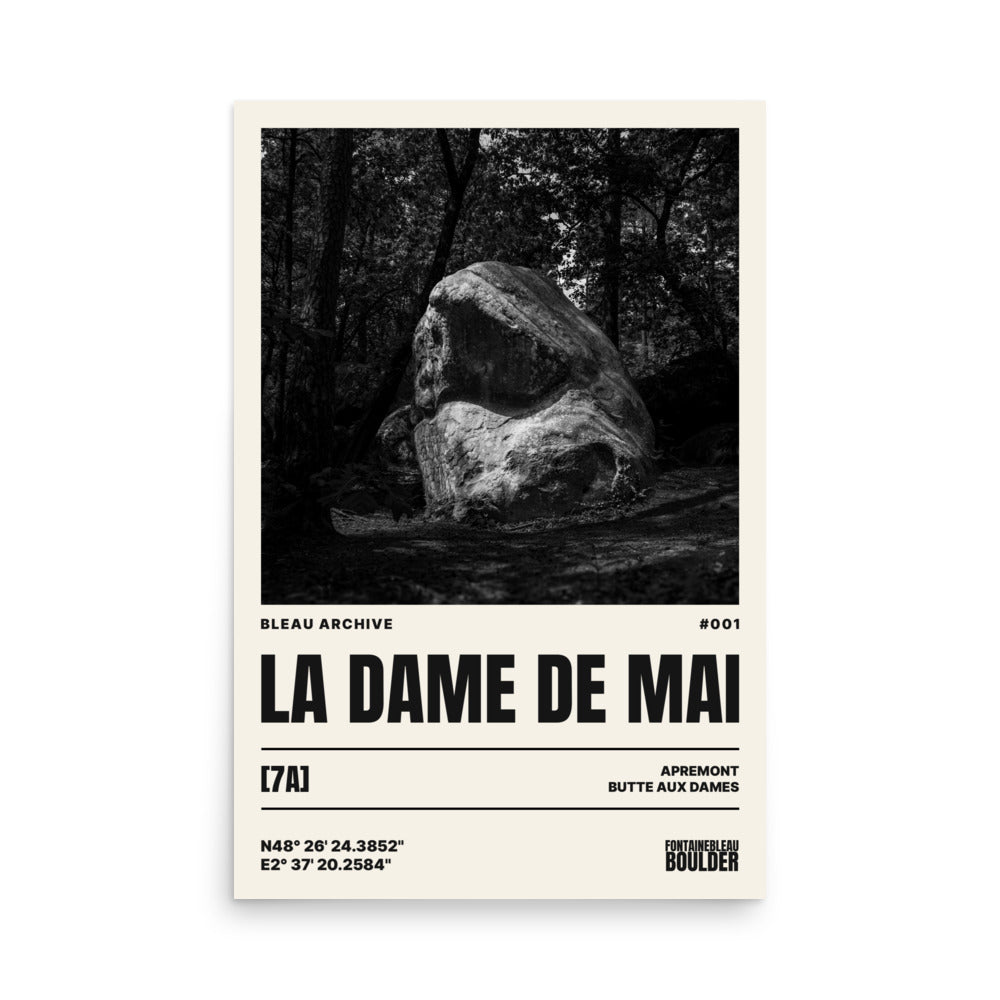 Bleau Archive 1 Dame de Mai 7A poster featuring the iconic Fontainebleau boulder climb