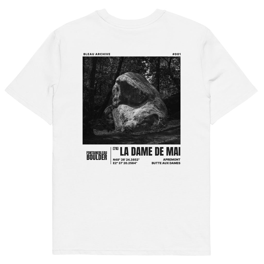 Bleau Archive 1 Dame de Mai 7A tee featuring the iconic Fontainebleau boulder climb
