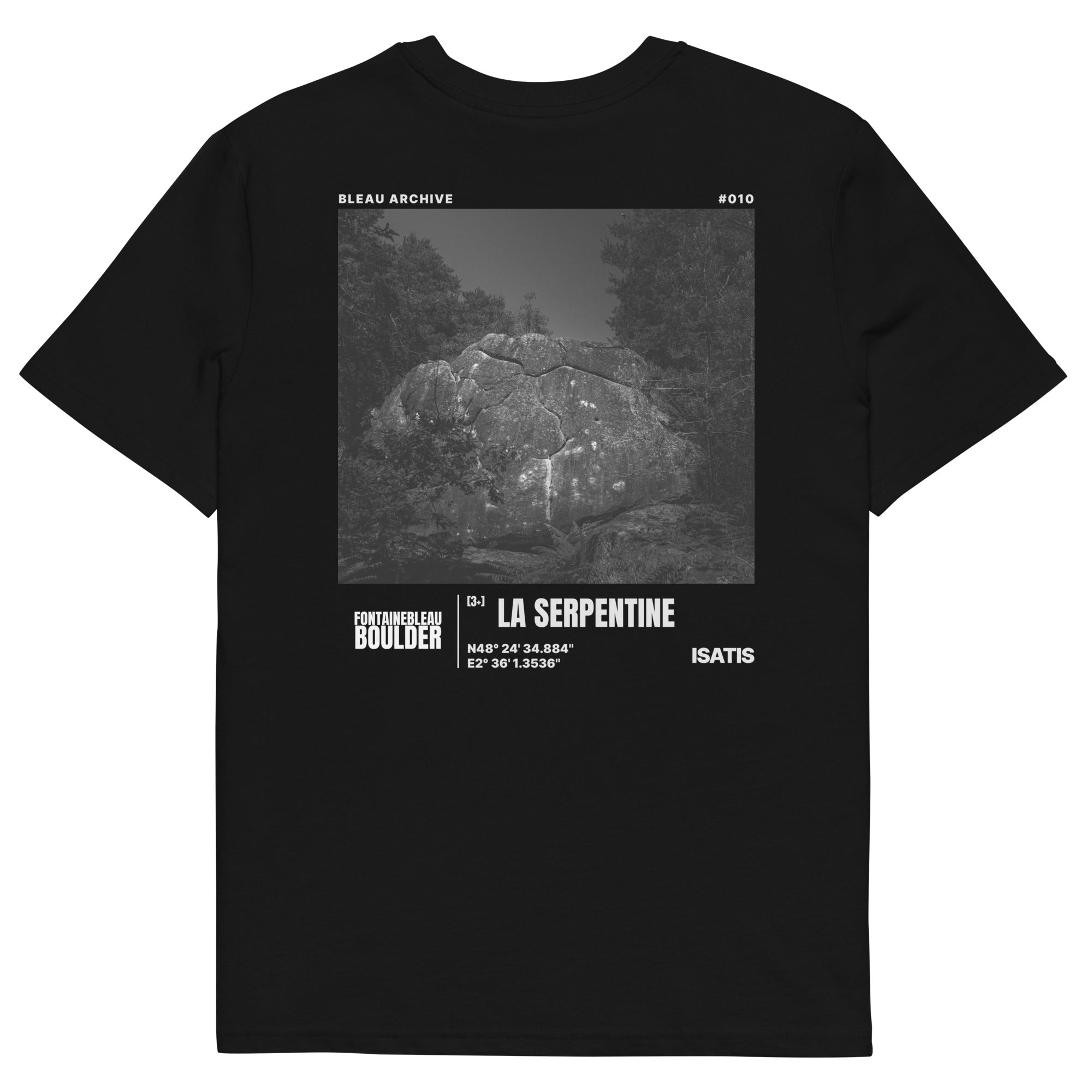 Bleau Archive 10 La Serpentine 3+ tee featuring the iconic Fontainebleau boulder climb