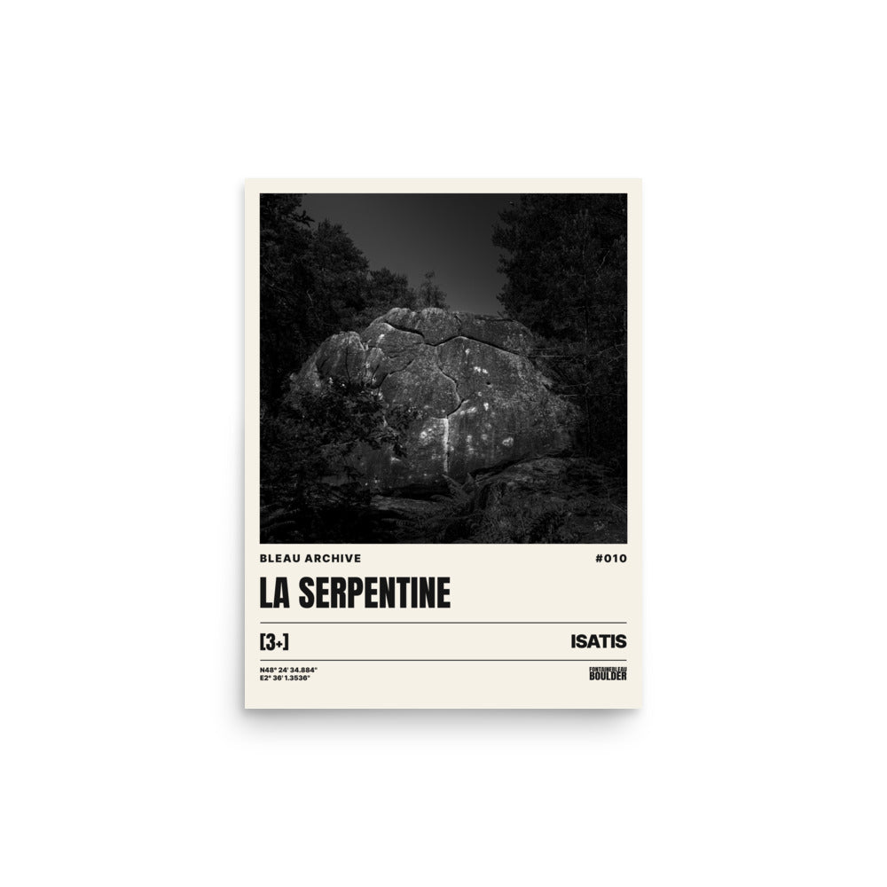 Bleau Archive 10 La Serpentine 3+ poster featuring the iconic Fontainebleau boulder climb