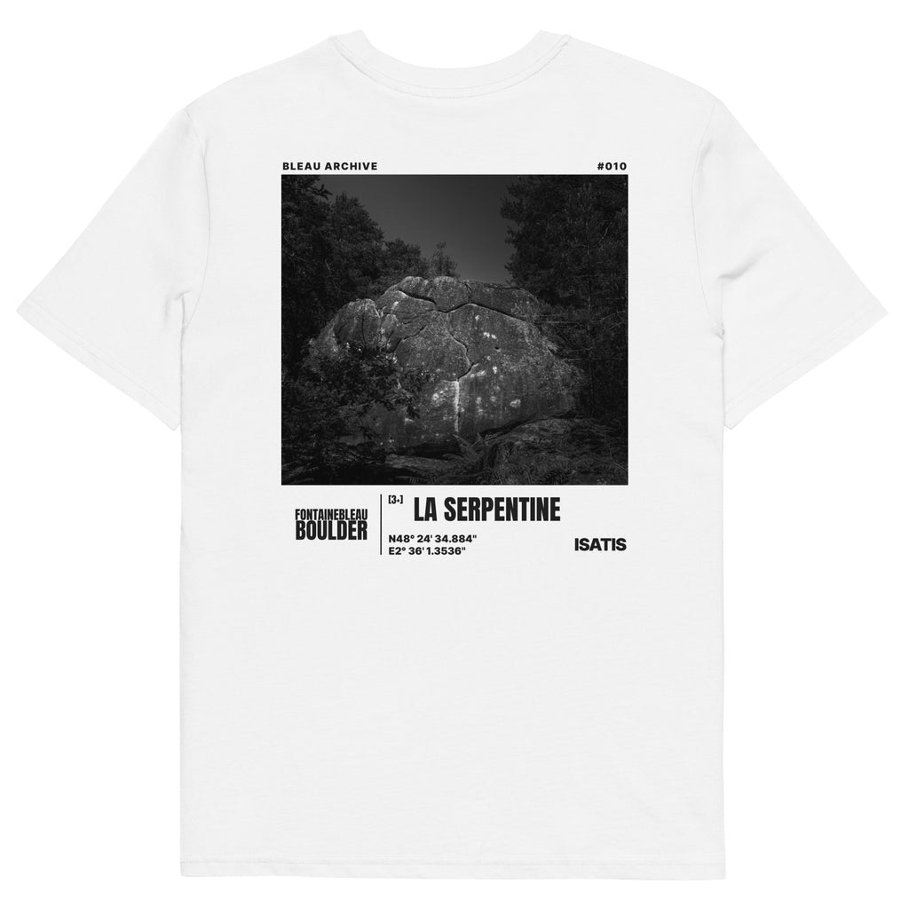 Bleau Archive 10 La Serpentine 3+ tee featuring the iconic Fontainebleau boulder climb