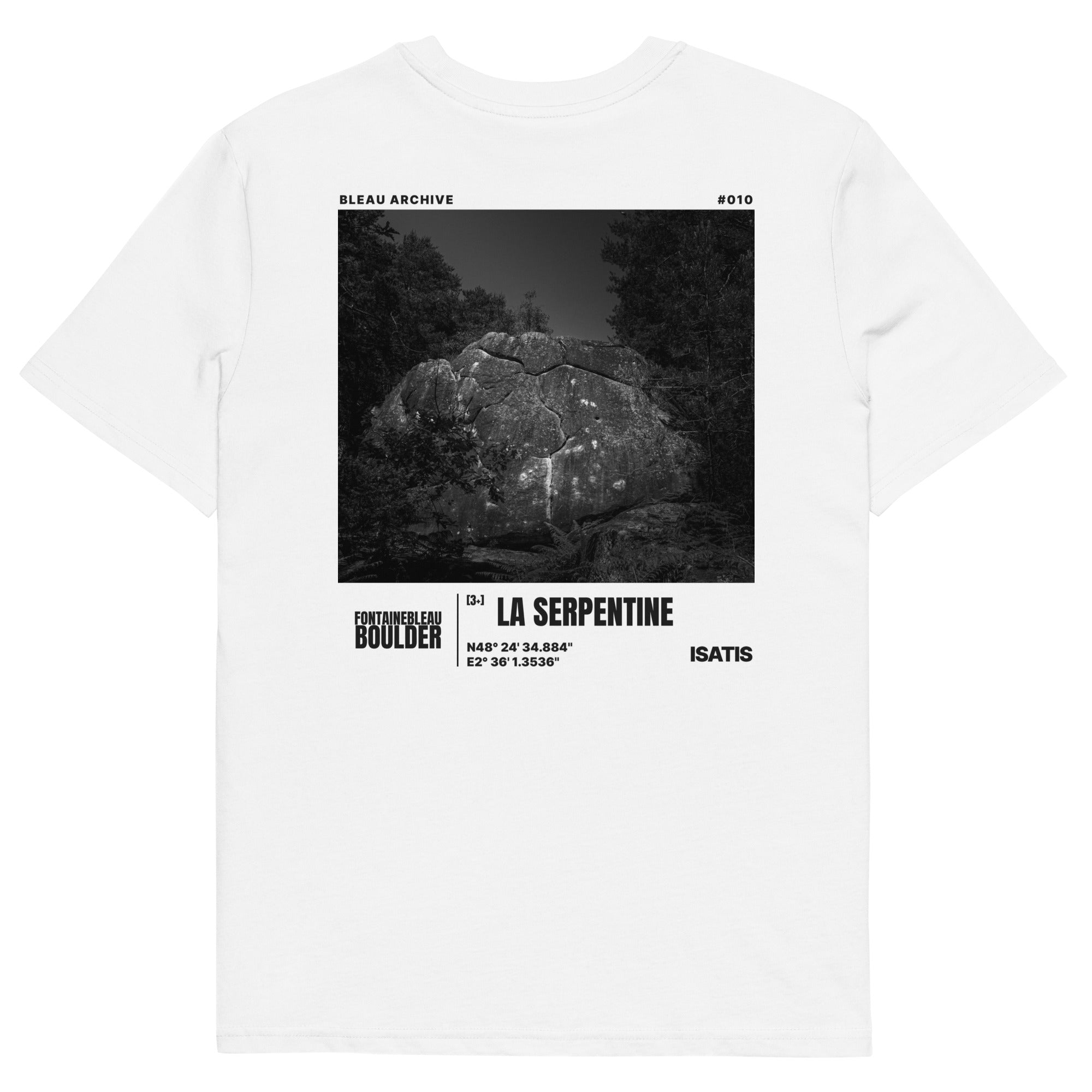 Bleau Archive 10 La Serpentine 3+ tee featuring the iconic Fontainebleau boulder climb