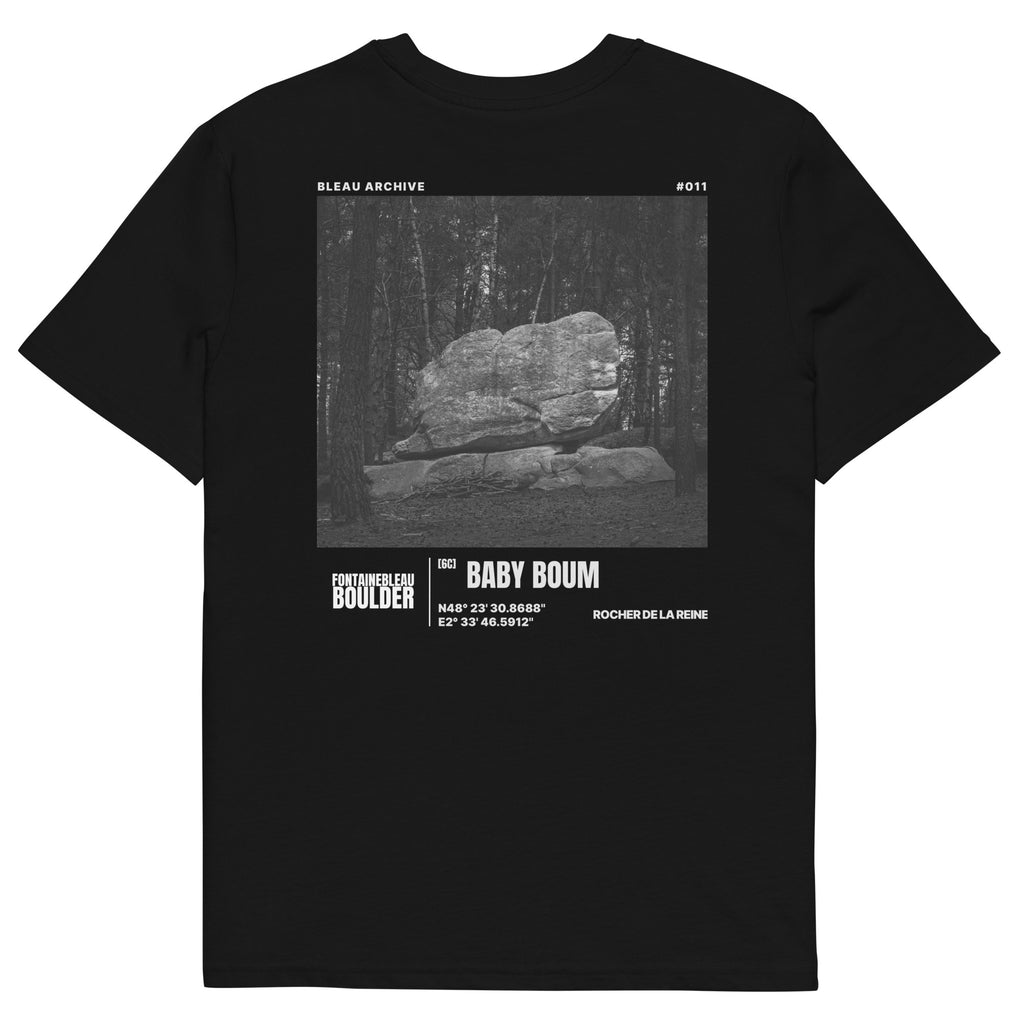 Bleau Archive 11 Baby Boum 6C tee featuring the iconic Fontainebleau boulder climb
