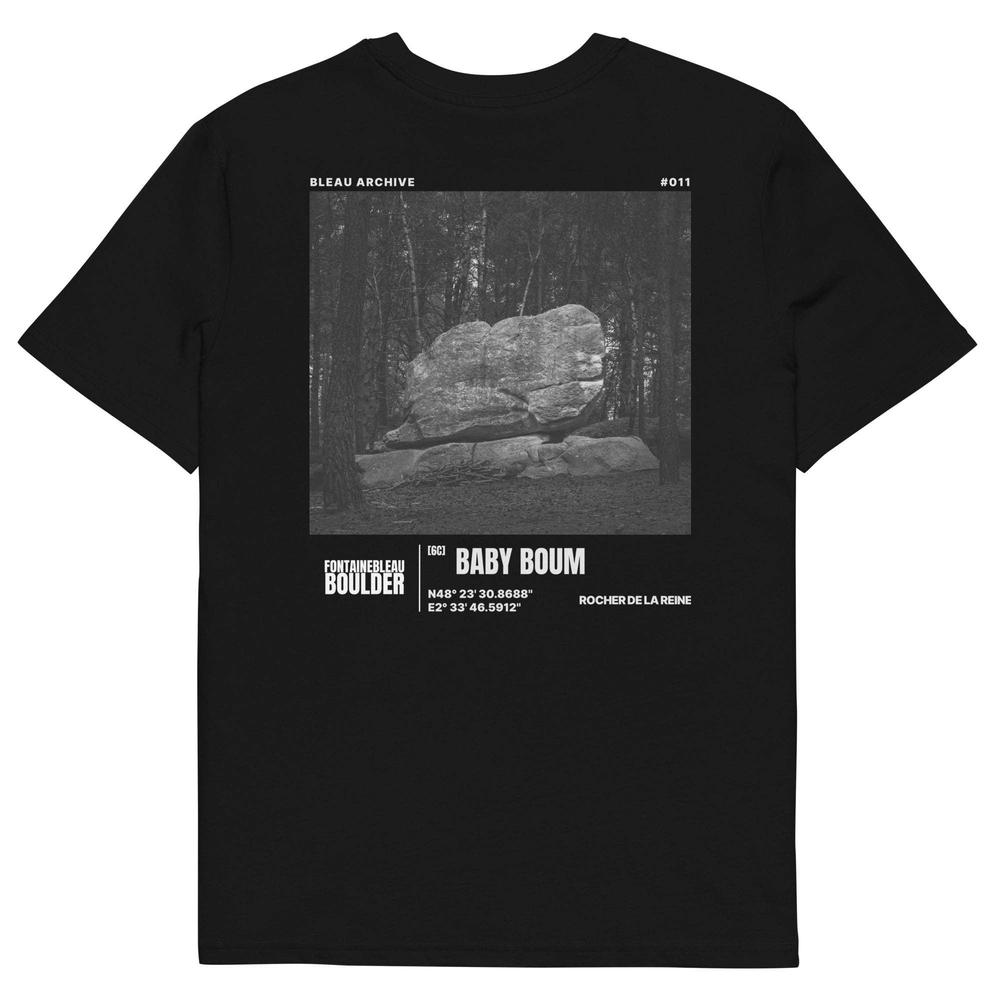 Bleau Archive 11 Baby Boum 6C tee featuring the iconic Fontainebleau boulder climb
