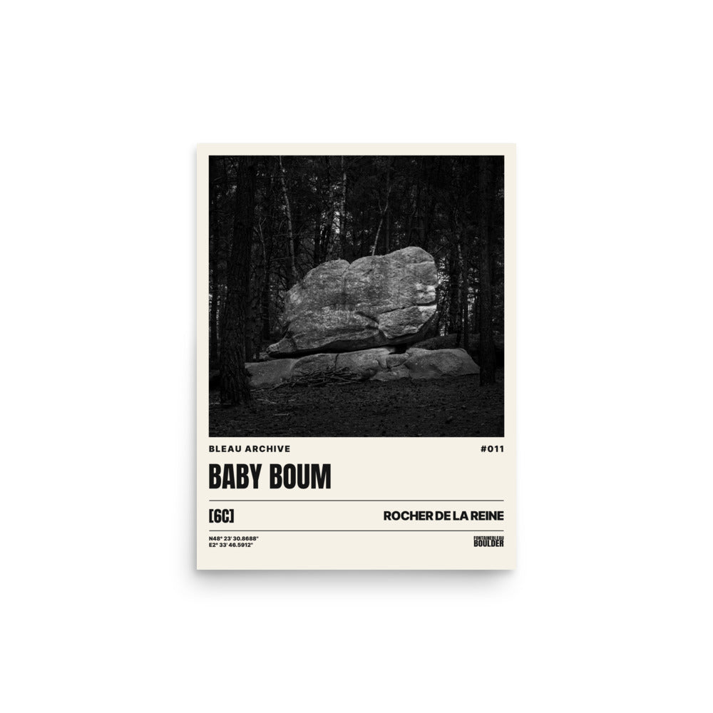 Bleau Archive 11 Baby Boum 6C poster featuring the iconic Fontainebleau boulder climb

