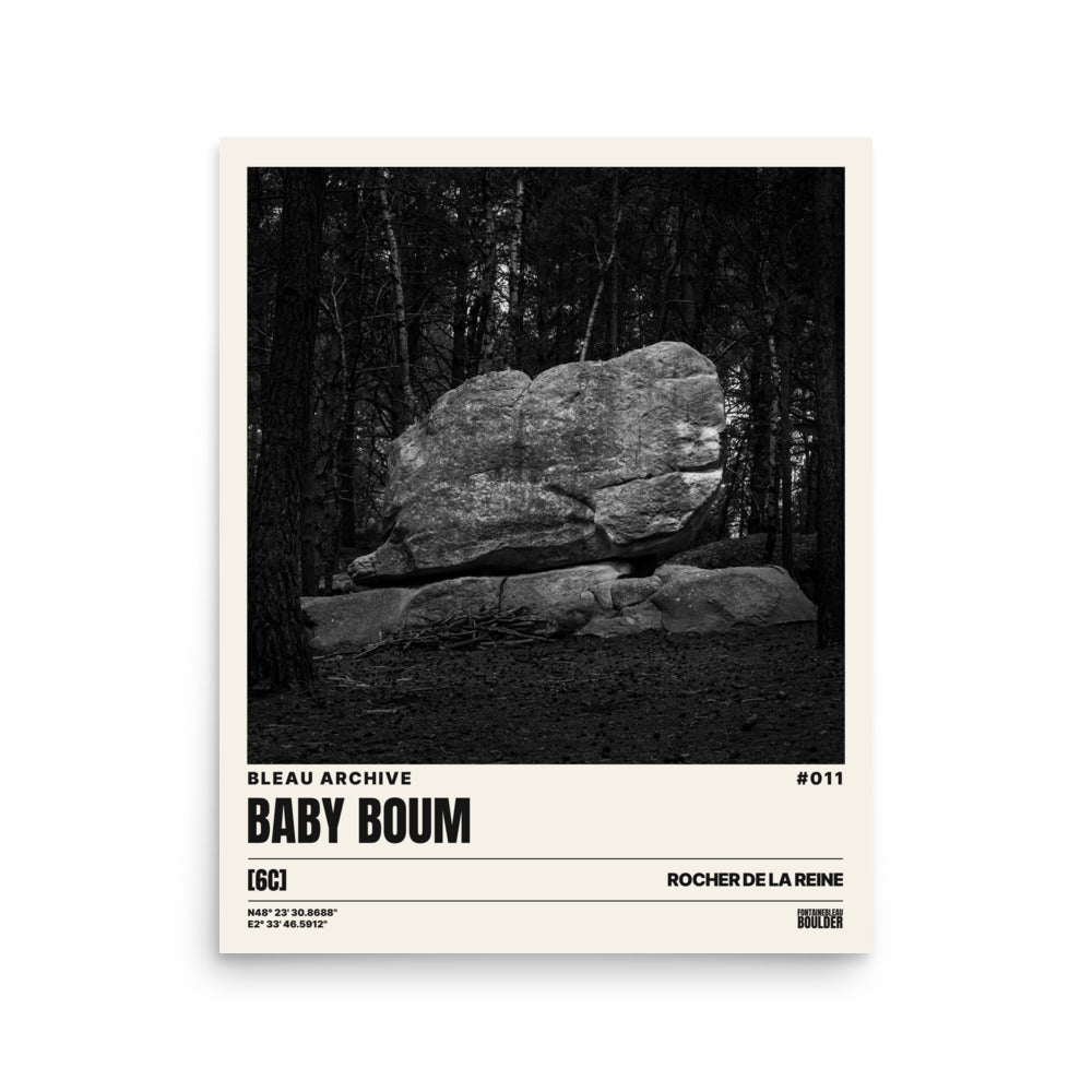 Bleau Archive 11 Baby Boum 6C poster featuring the iconic Fontainebleau boulder climb
