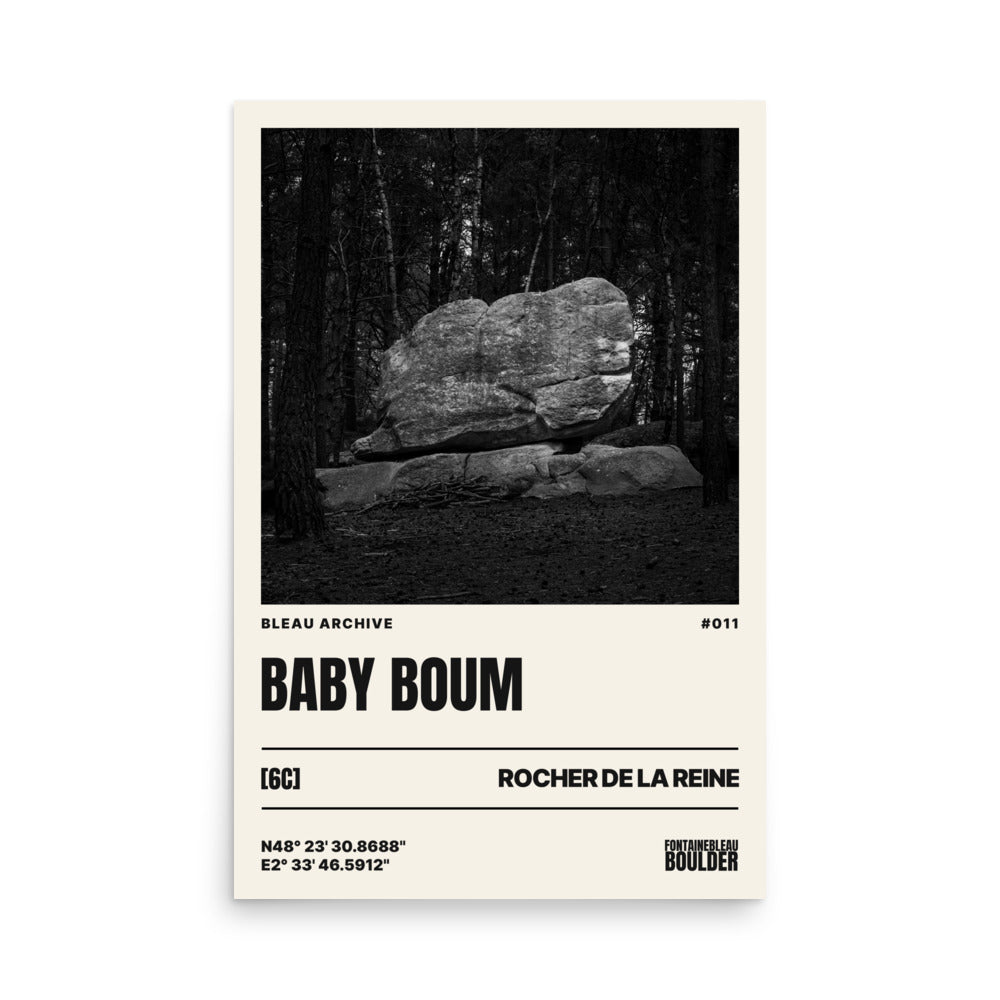 Bleau Archive 11 Baby Boum 6C poster featuring the iconic Fontainebleau boulder climb
