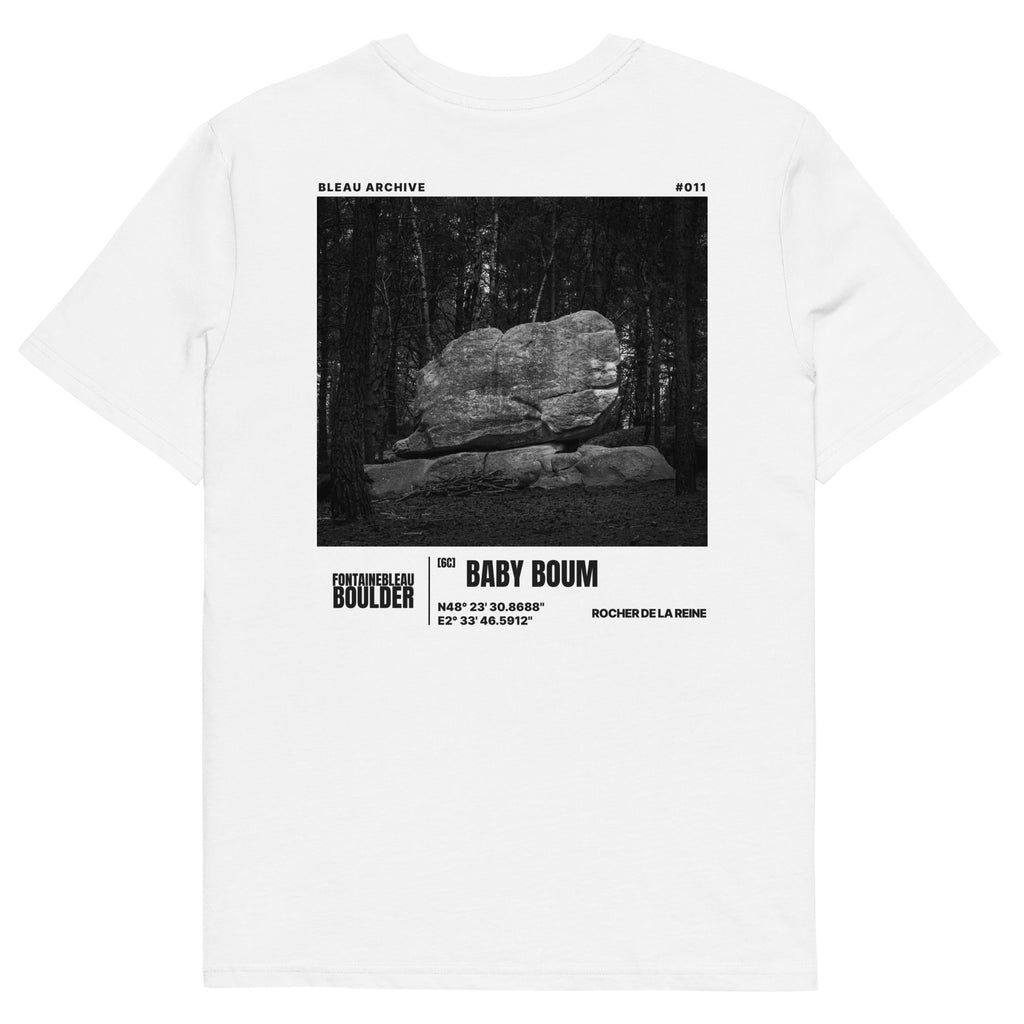 Bleau Archive 11 Baby Boum 6C tee featuring the iconic Fontainebleau boulder climb
