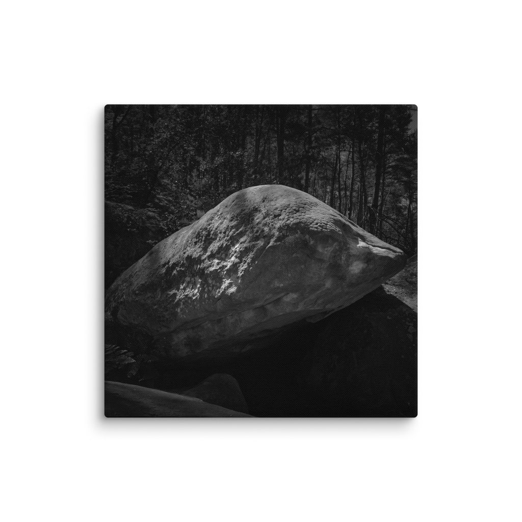 Bleau Archive 12 L'insoutenable légèreté de l'être 8B canvas featuring the iconic Fontainebleau boulder climb