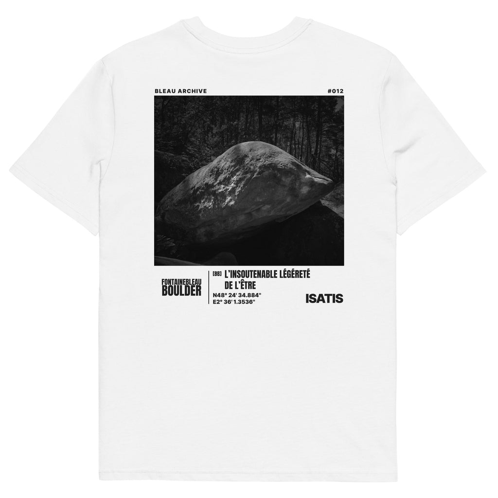 Bleau Archive 12 L'insoutenable légèreté de l'être 8B tee featuring the iconic Fontainebleau boulder climb