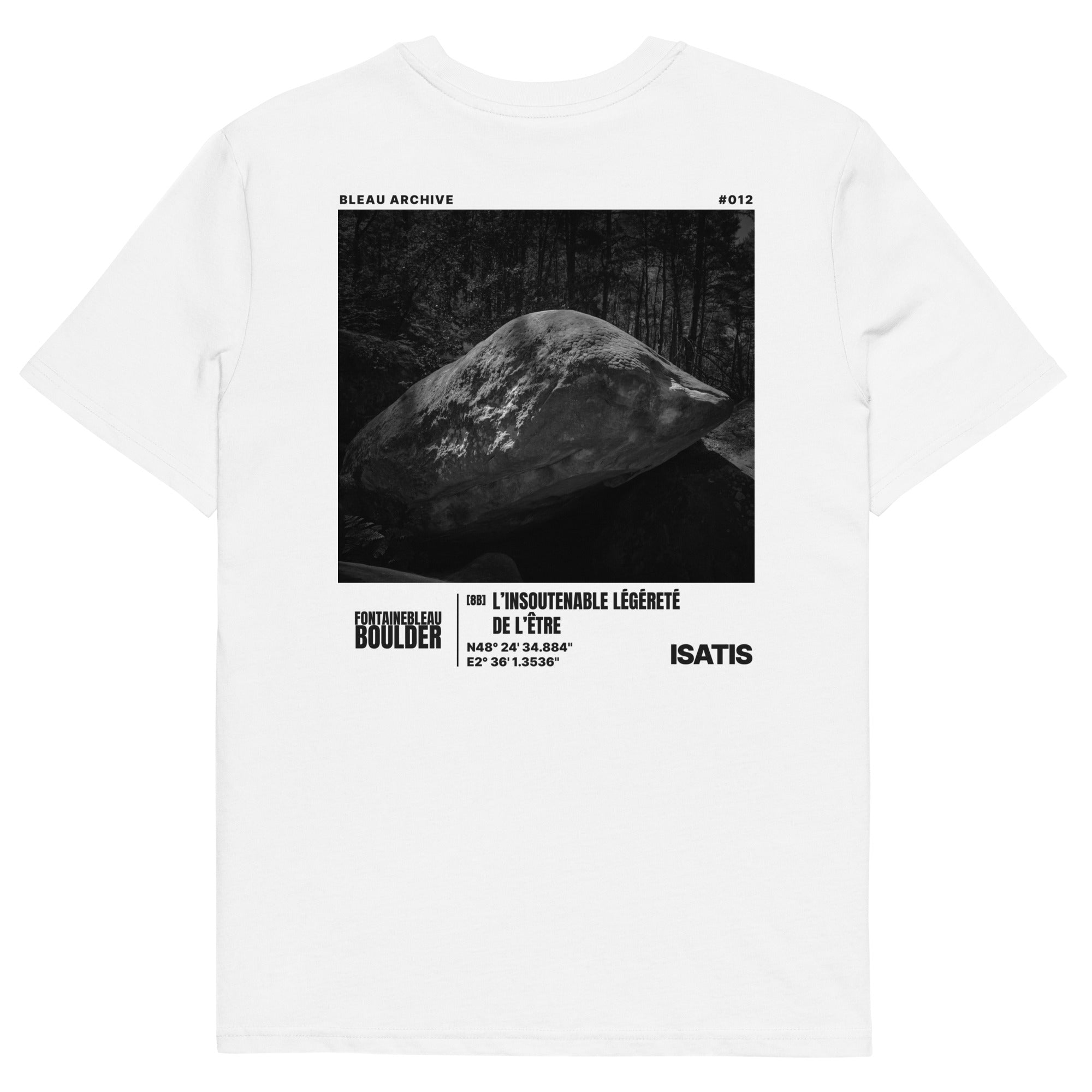 Bleau Archive 12 L'insoutenable légèreté de l'être 8B tee featuring the iconic Fontainebleau boulder climb
