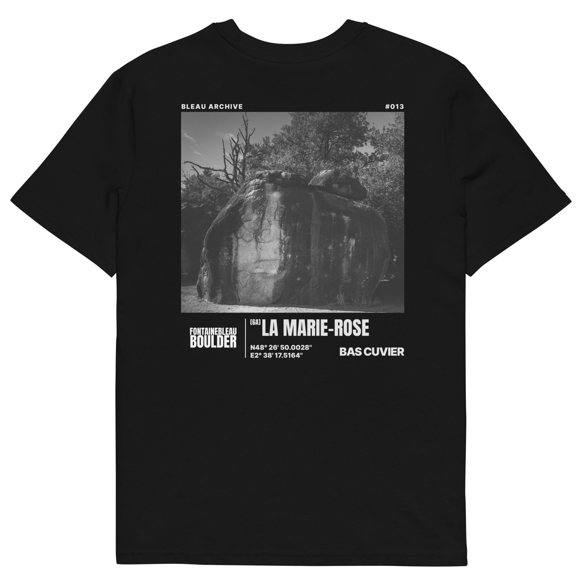 Bleau Archive 13 La Marie-Rose 6A tee featuring the iconic Fontainebleau boulder climb