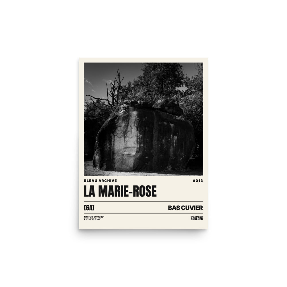Bleau Archive 13 La Marie-Rose 6A poster featuring the iconic Fontainebleau boulder climb