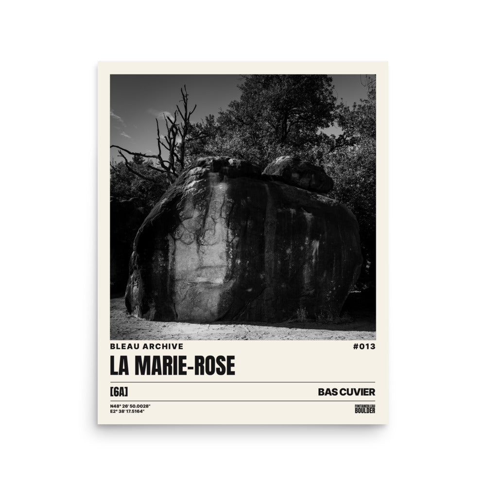Bleau Archive 13 La Marie-Rose 6A poster featuring the iconic Fontainebleau boulder climb
