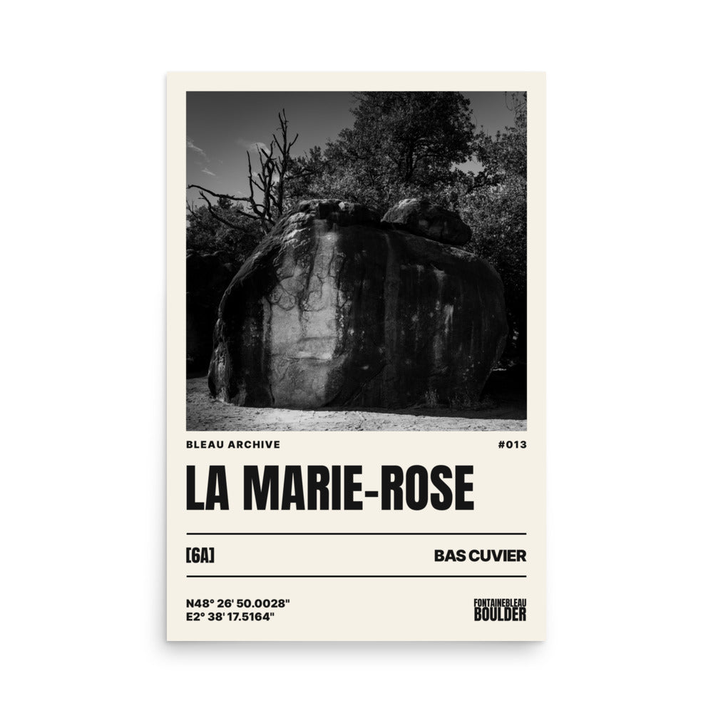 Bleau Archive 13 La Marie-Rose 6A poster featuring the iconic Fontainebleau boulder climb