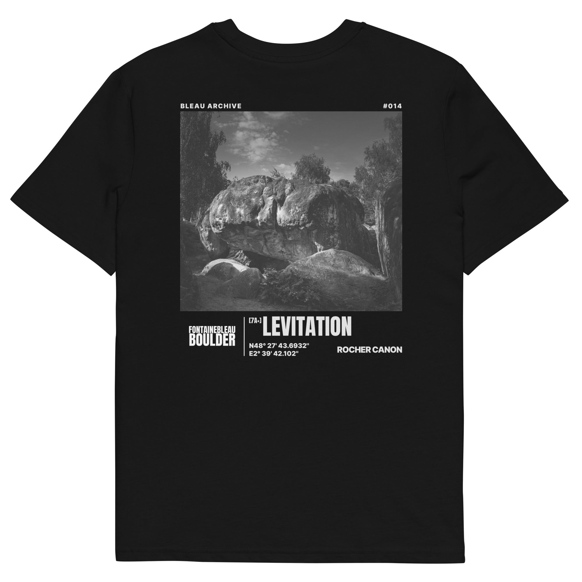 Bleau Archive 14 Levitation 7A+ tee featuring the iconic Fontainebleau boulder climb