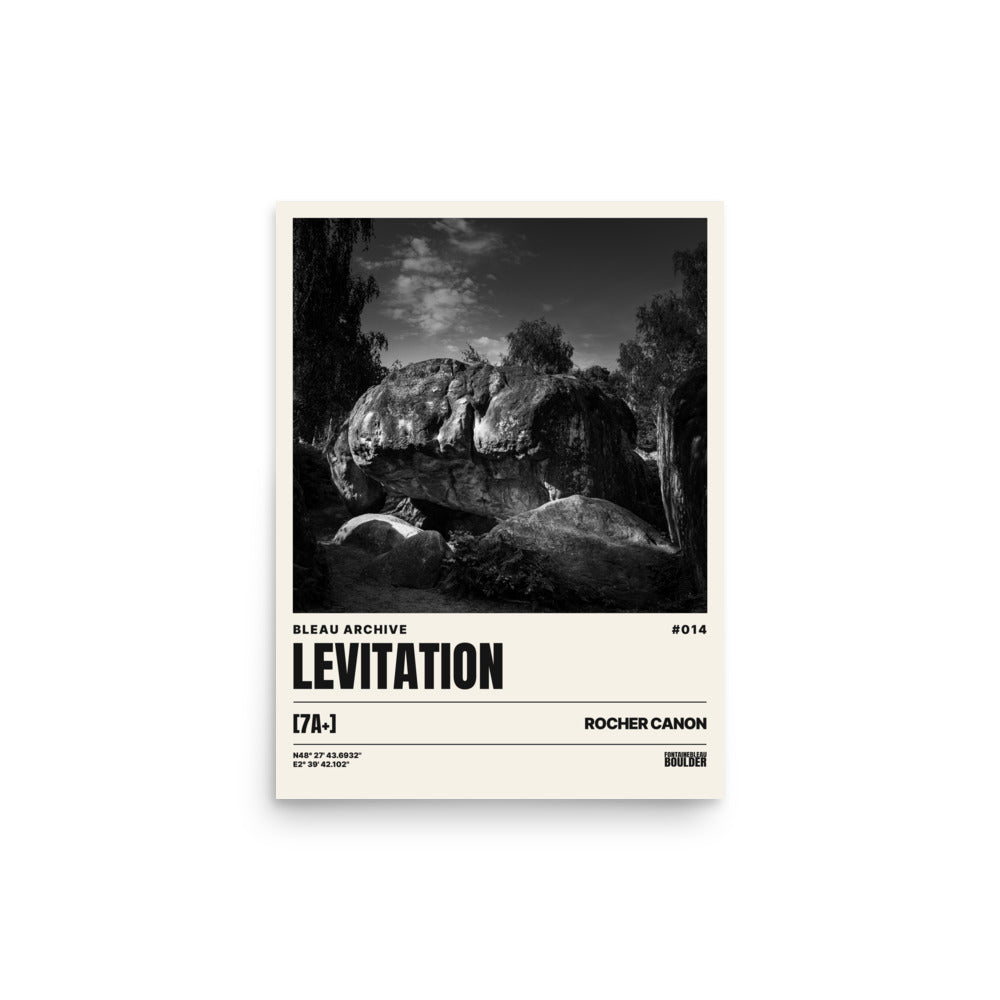Bleau Archive 14 Levitation 7A+ poster featuring the iconic Fontainebleau boulder climb