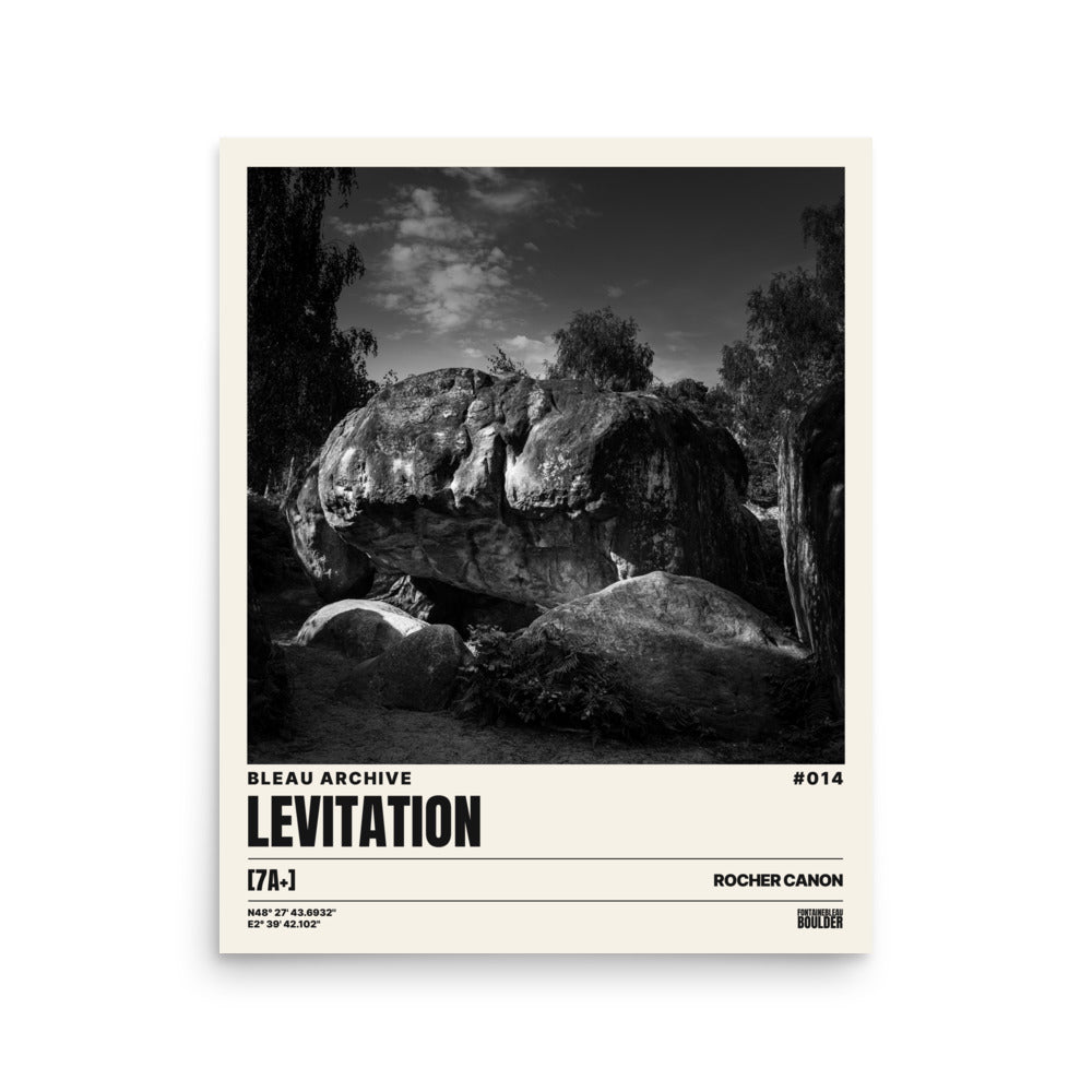 Bleau Archive 14 Levitation 7A+ poster featuring the iconic Fontainebleau boulder climb