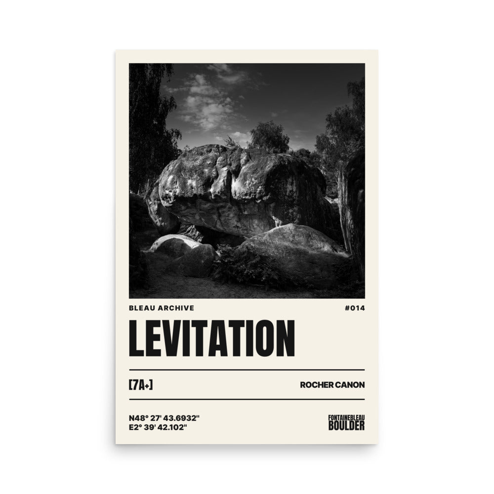 Bleau Archive 14 Levitation 7A+ poster featuring the iconic Fontainebleau boulder climb
