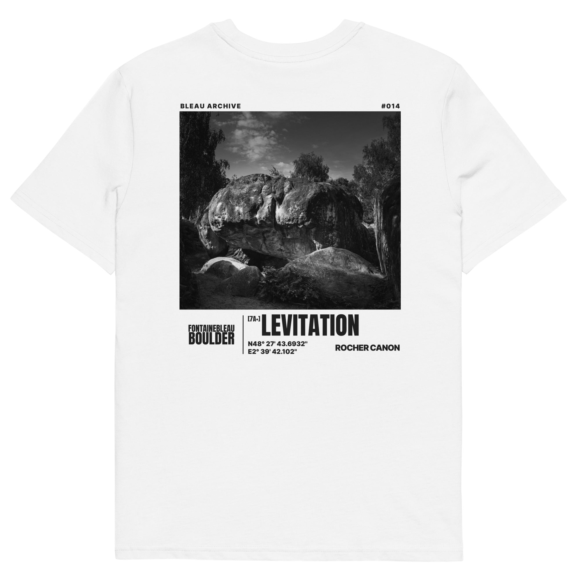 Bleau Archive 14 Levitation 7A+ tee featuring the iconic Fontainebleau boulder climb