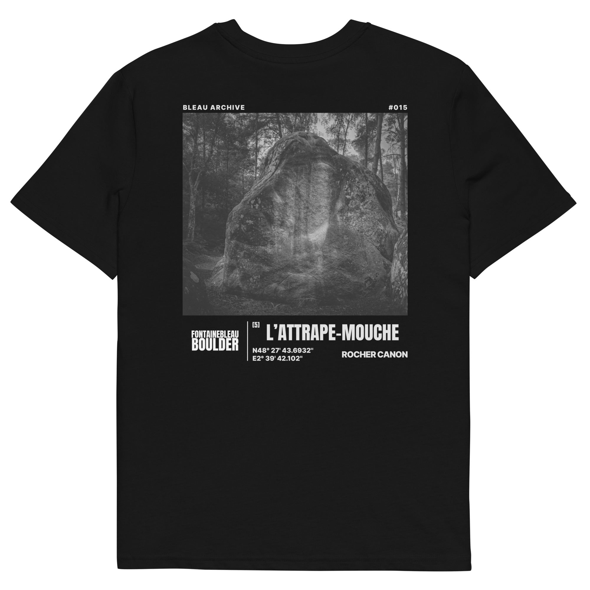 Bleau Archive 15 attrape-mouche 5 tee featuring the iconic Fontainebleau boulder climb