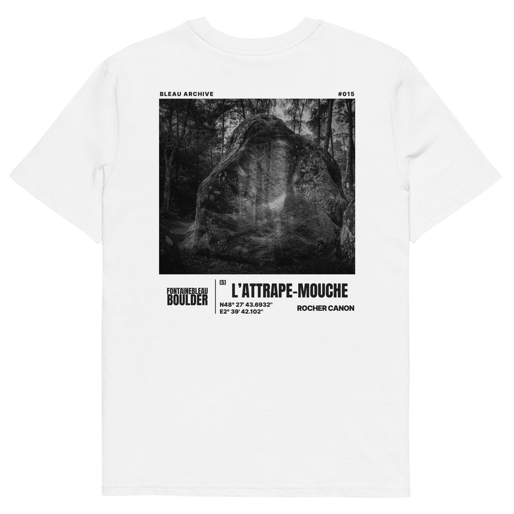 Bleau Archive 15 attrape-mouche 5 tee featuring the iconic Fontainebleau boulder climb