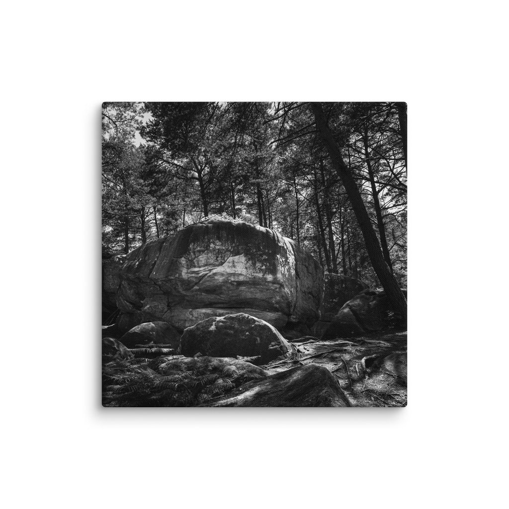 Bleau Archive 17 le surplomb feuilleté 6C+ canvas featuring the iconic Fontainebleau boulder climb