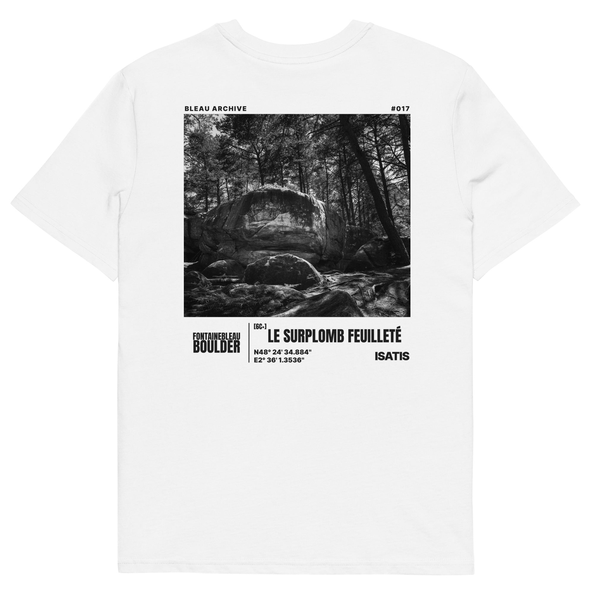 Bleau Archive 17 le surplomb feuilleté 6C+ tee featuring the iconic Fontainebleau boulder climb
