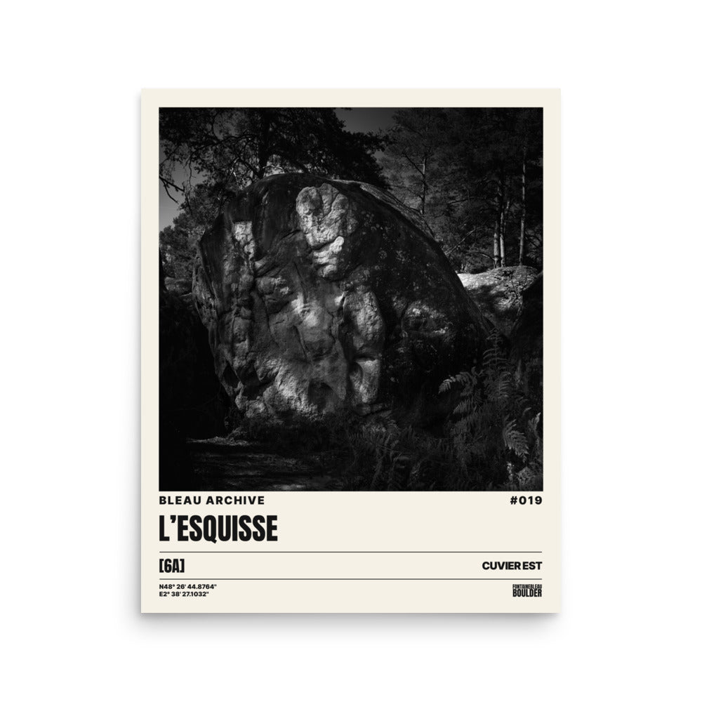 Bleau Archive 19 L'Esquisse 6A poster featuring the iconic Fontainebleau boulder climb