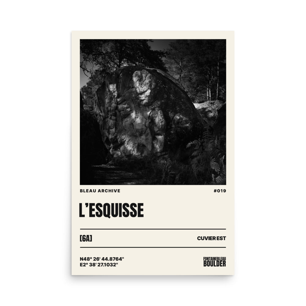 Bleau Archive 19 L'Esquisse 6A poster featuring the iconic Fontainebleau boulder climb