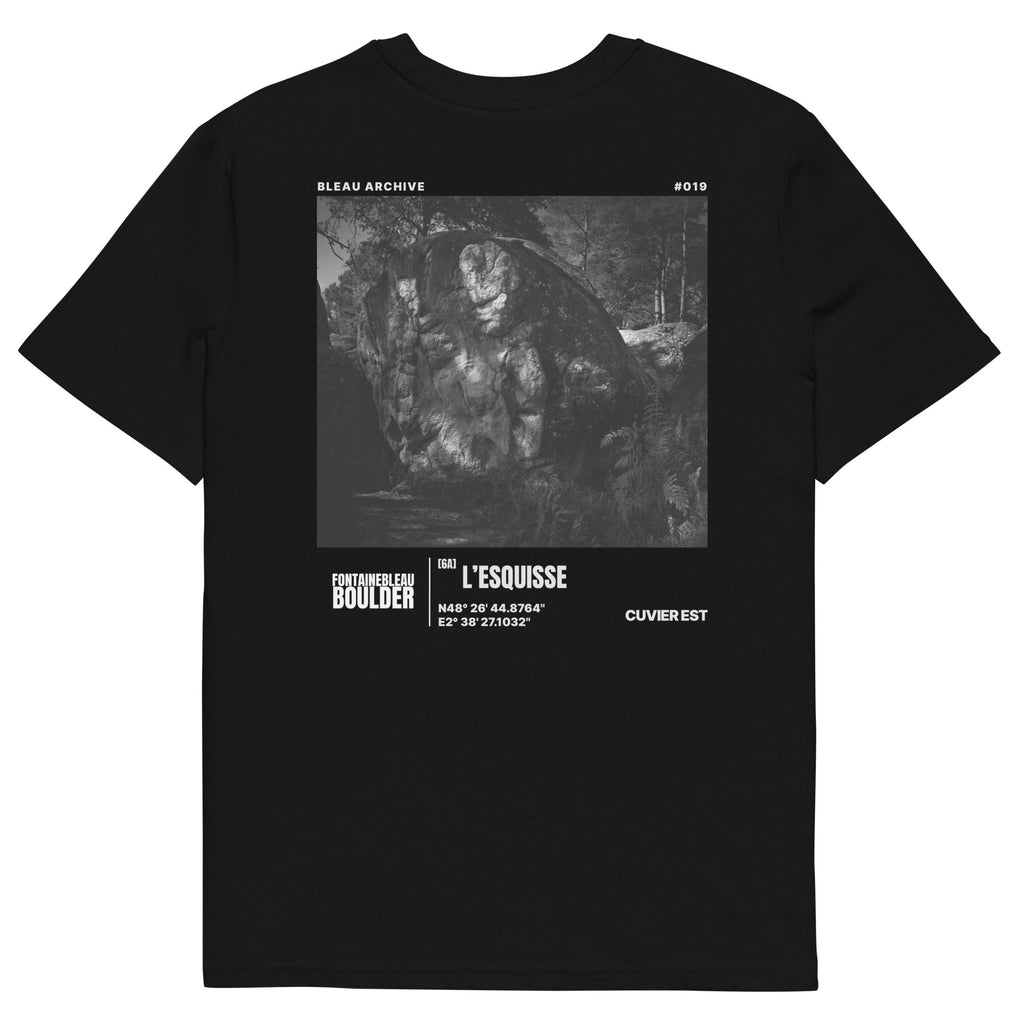 Bleau Archive 19 L'Esquisse 6A tee featuring the iconic Fontainebleau boulder climb