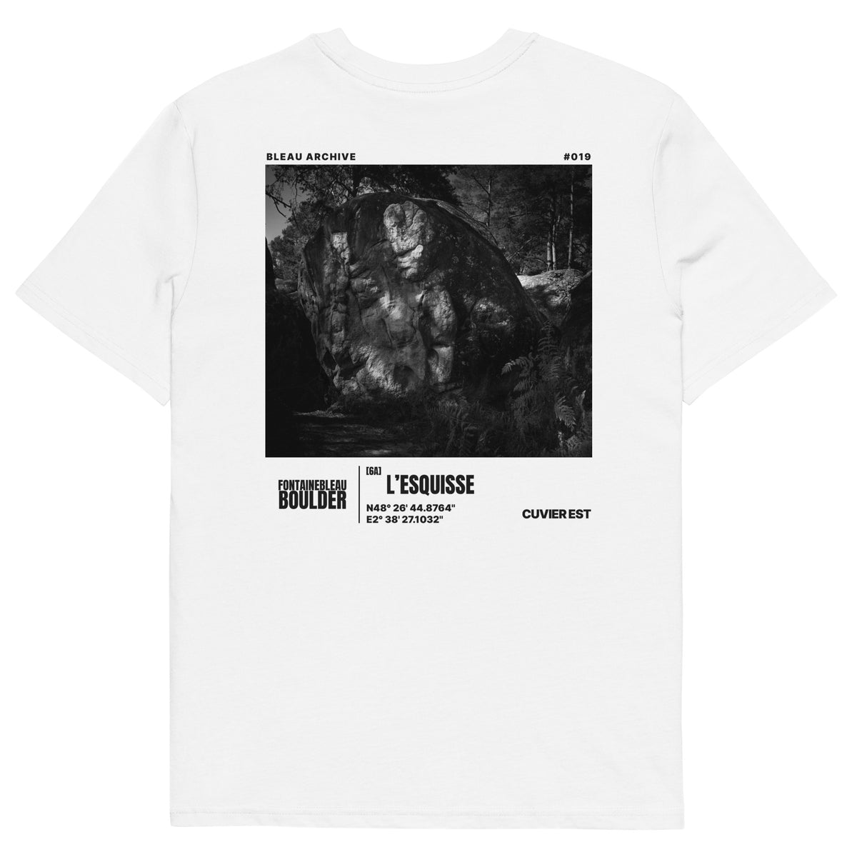 Bleau Archive 19 L'Esquisse 6A tee featuring the iconic Fontainebleau boulder climb