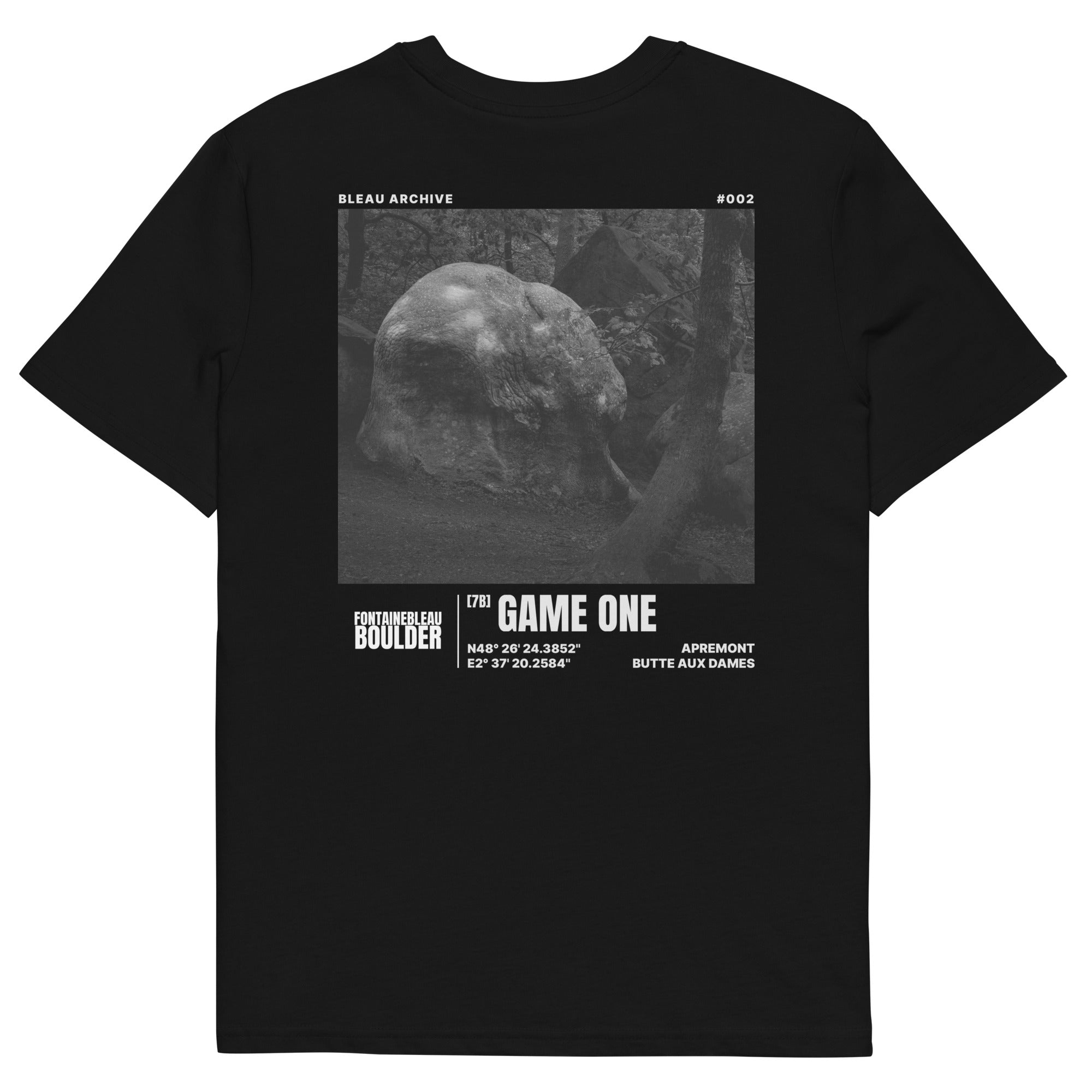 Bleau Archive 2 Game One 7B tee featuring the iconic Fontainebleau boulder climb