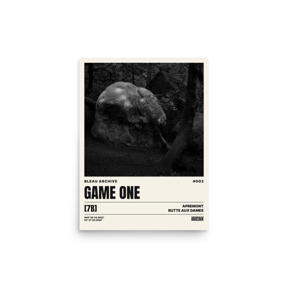 Bleau Archive 2 Game One 7B poster featuring the iconic Fontainebleau boulder climb