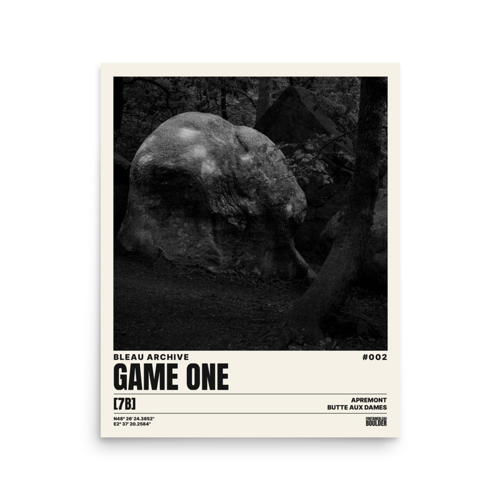 Bleau Archive 2 Game One 7B poster featuring the iconic Fontainebleau boulder climb