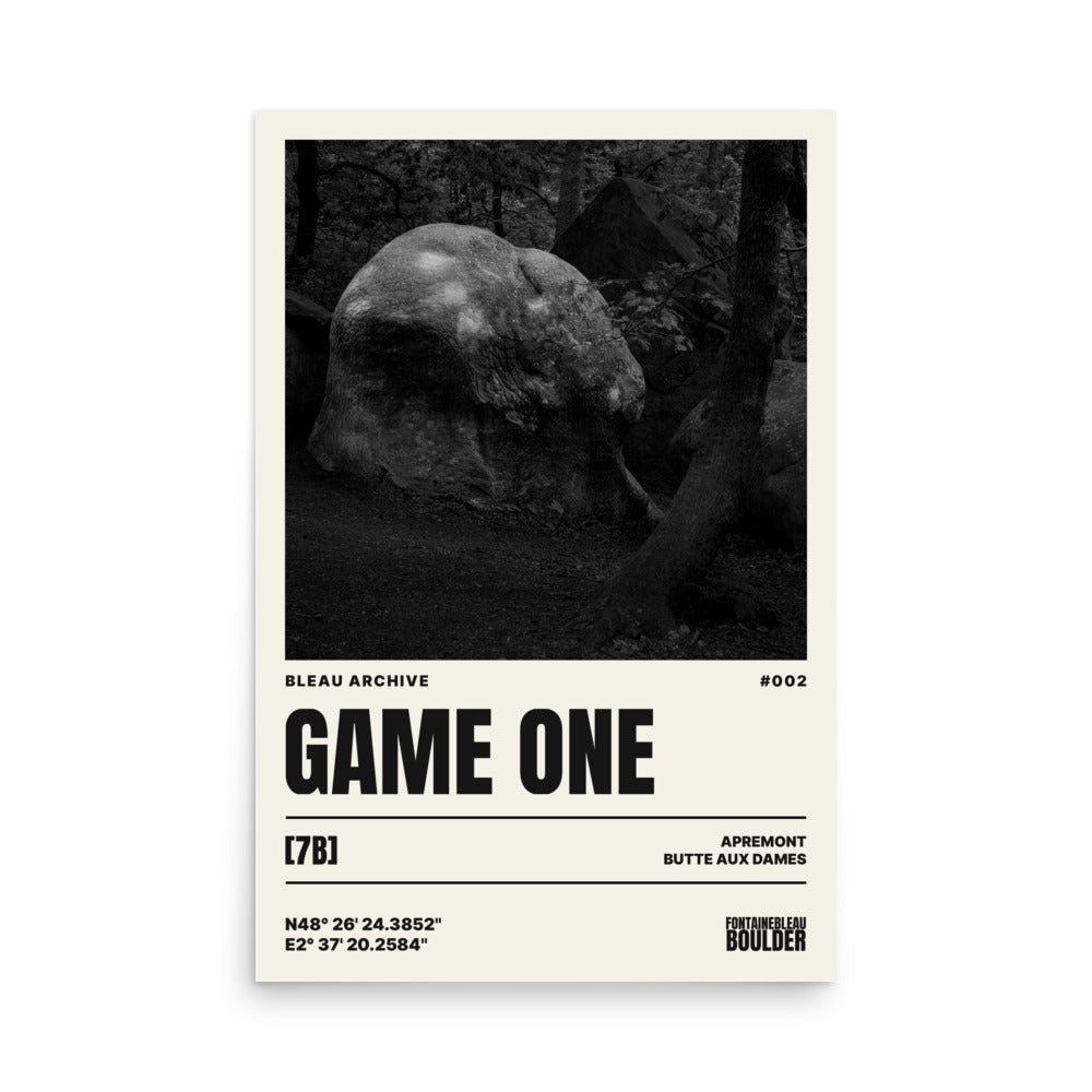 Bleau Archive 2 Game One 7B poster featuring the iconic Fontainebleau boulder climb
