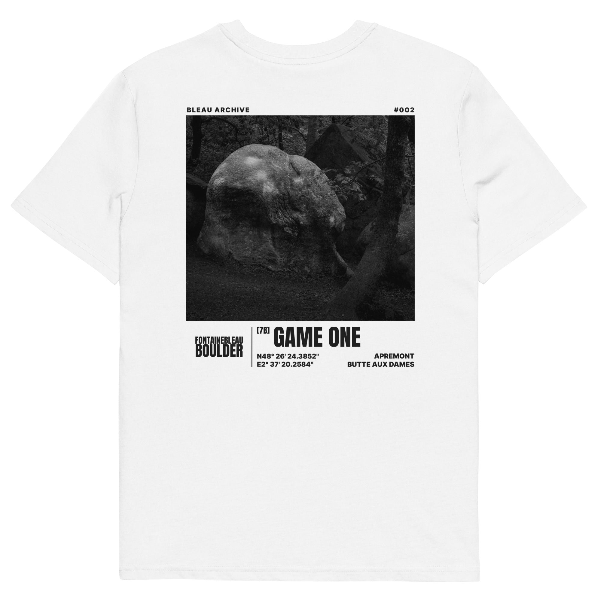 Bleau Archive 2 Game One 7B tee featuring the iconic Fontainebleau boulder climb