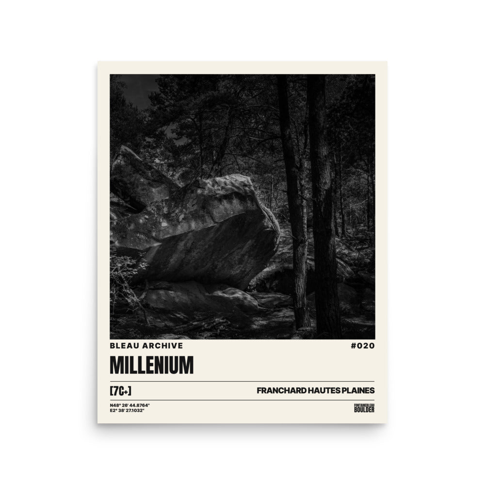 Bleau Archive 20 Millenium 7C poster featuring the iconic Fontainebleau boulder climb