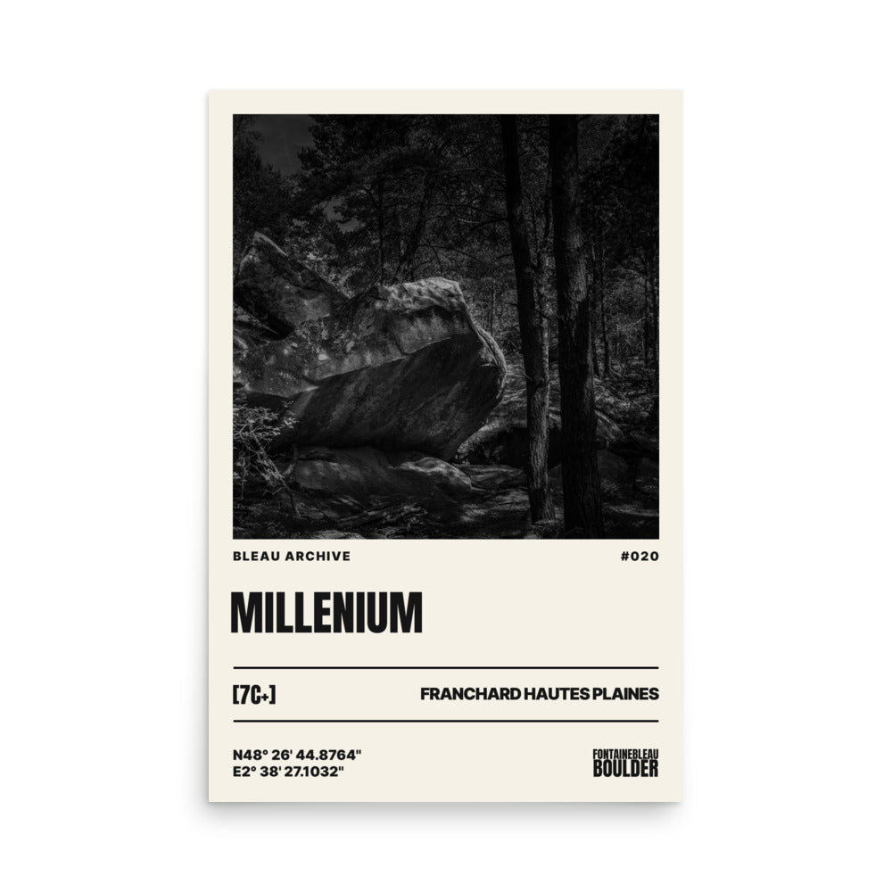 Bleau Archive 20 Millenium 7C poster featuring the iconic Fontainebleau boulder climb