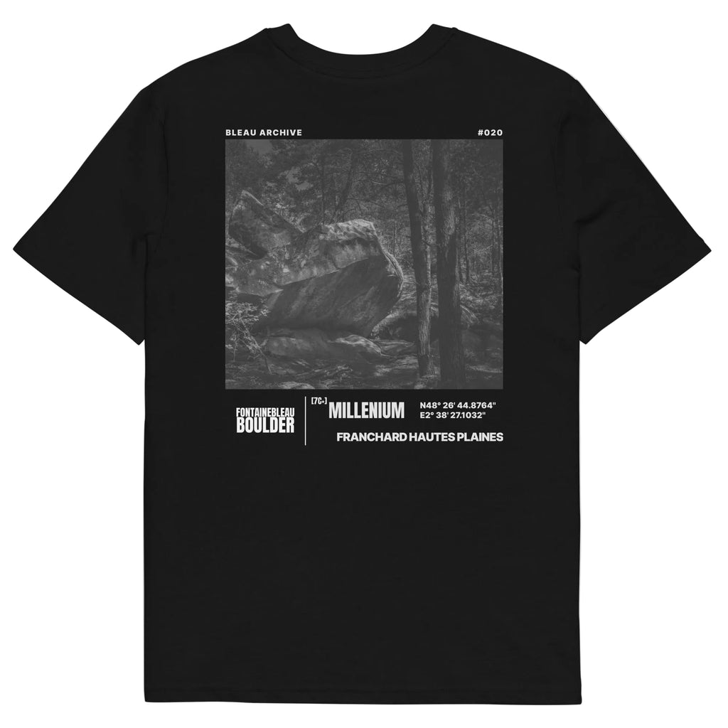 Bleau Archive 20 Millenium 7C tee featuring the iconic Fontainebleau boulder climb